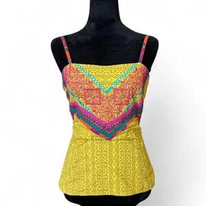 Y2K Boho Embroidered Yellow Tank – Festival Patchwork Cami M